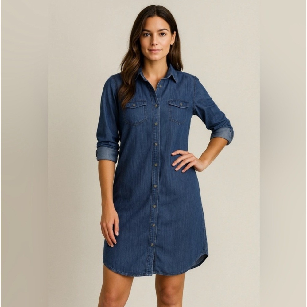 Banana Republic Women's Denim Chambray Shirt Dress Long Sleeve Roll Tab Size 2
